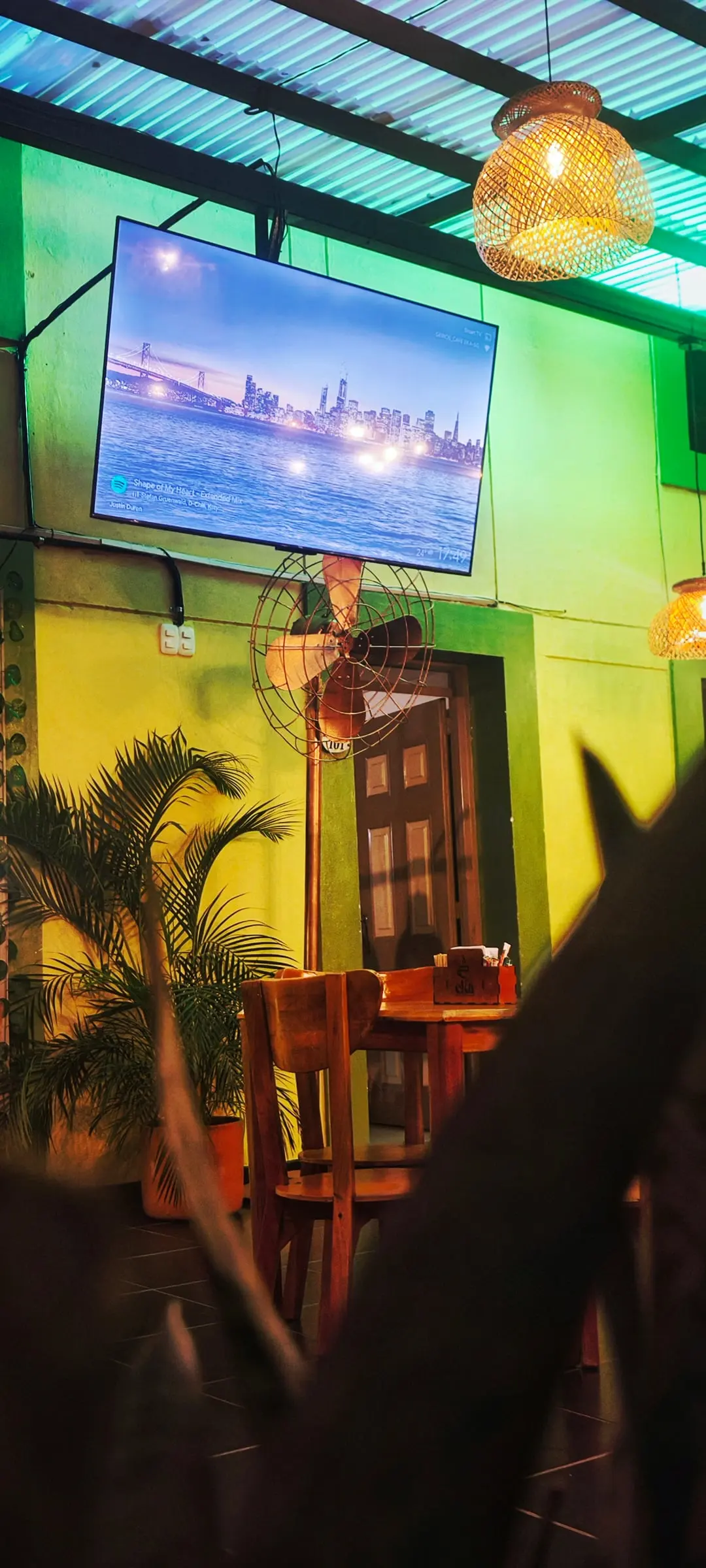 Interior de Café EKA con plantas, mesas de madera y lámparas tejidas